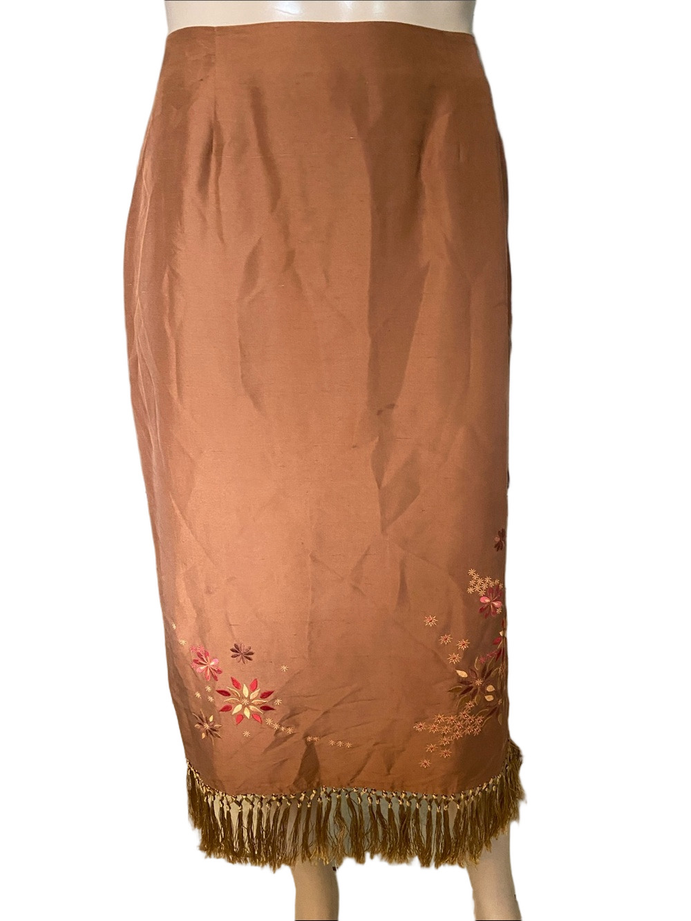 Clio Rust Brown Embroidered Fringe Midi Skirt gb3
